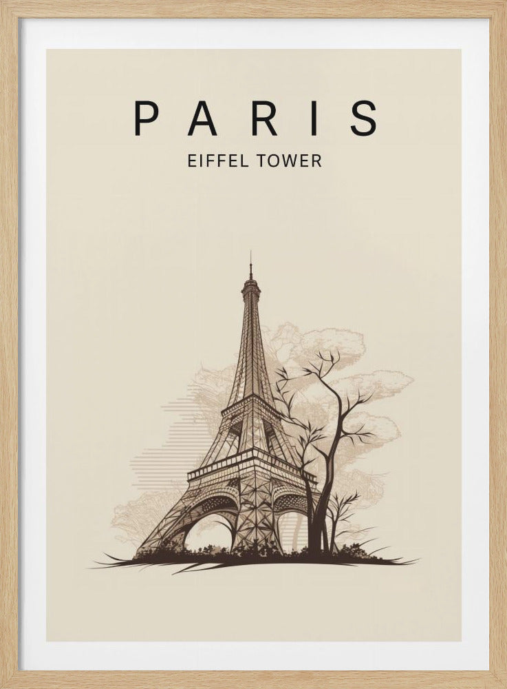 A minimalist vintage-style travel poster for Paris, featuring a detailed brown line drawing of the Eiffel Tower against a cream background. At the top, the word 'PARIS' is written in large black letters, with 'EIFFEL TOWER' underneath. The artwork is enclosed in a thin black frame. Wall Art