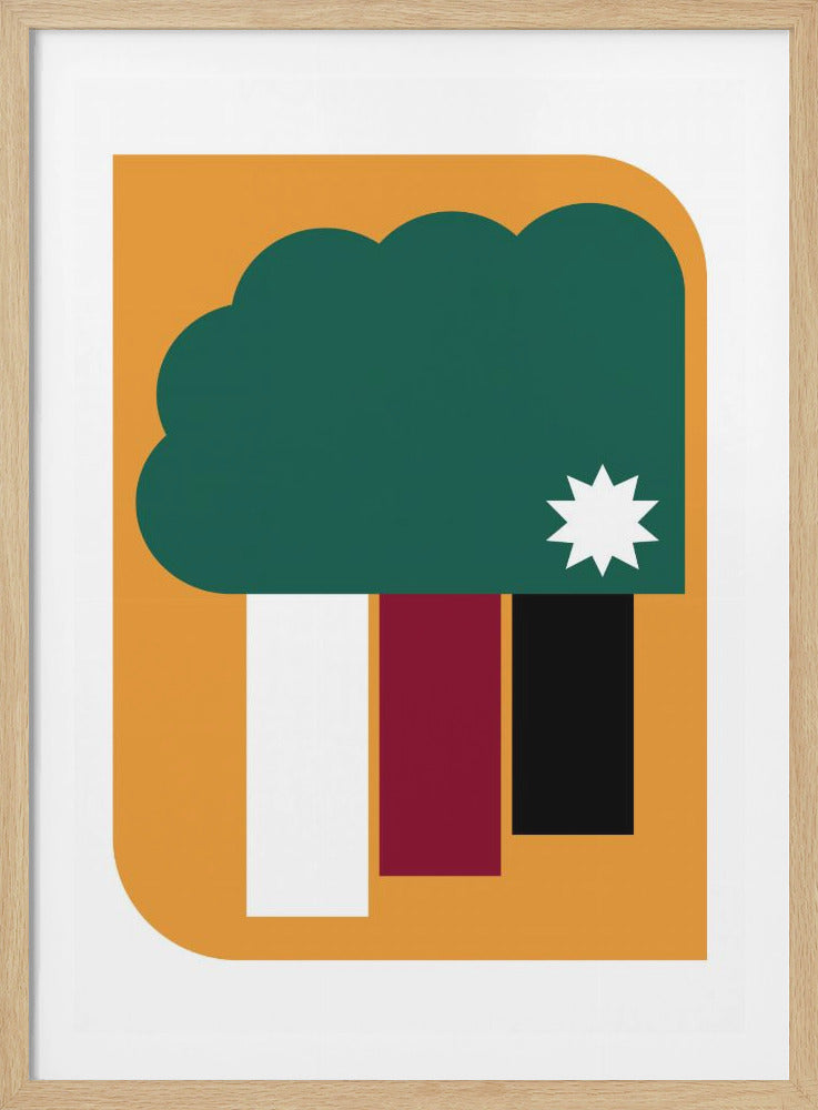 An abstract graphic art print depicting a stylized tree. The tree has a large, dark green, cloud-shaped top with a white starburst on the right. Its trunk is represented by three vertical rectangles in white, maroon, and black. The entire design is set against a mustard yellow background with rounded corners, all within a thin black frame. Artwork