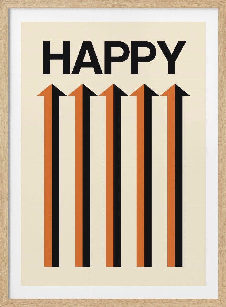 A minimalist graphic art print featuring the word 'HAPPY' in a bold, black, sans-serif font at the top. Below the text are five thick, vertical arrows pointing upwards, alternating in black and orange. The background is a solid cream color, and the entire piece is enclosed in a simple black frame. Decor