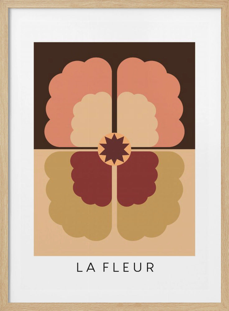 A modern art print in a black frame featuring a large, stylized, symmetrical flower. The design is divided into four quadrants with petals in shades of pink, red-brown, and mustard against dark brown and light beige backgrounds. The text 'LA FLEUR' is centered at the bottom. Decor