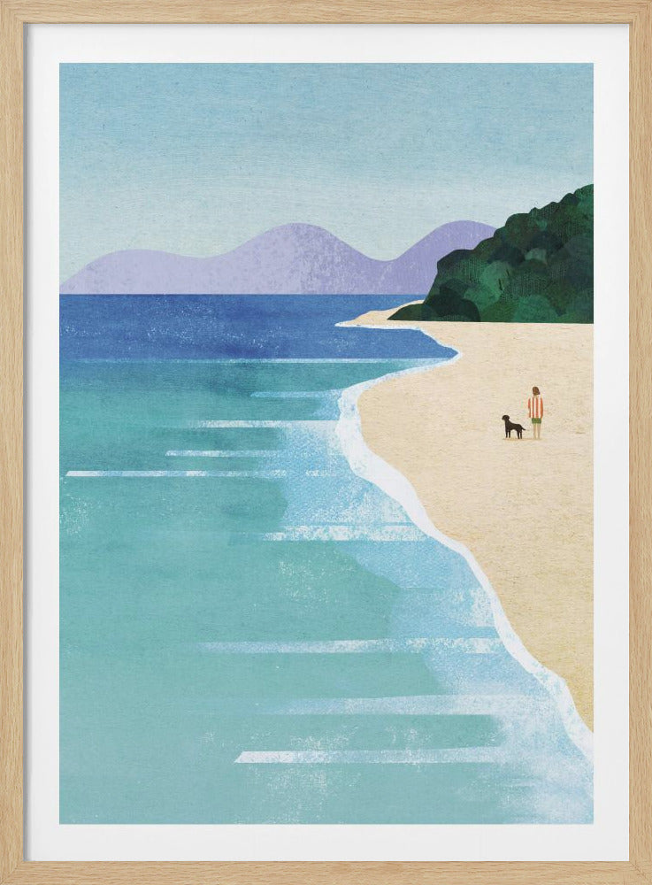 A minimalist illustration of a person and a black dog standing on a sandy beach. The turquoise and blue ocean waves gently lap the shore, with a green hill and distant purple mountains in the background under a pale blue sky. Print