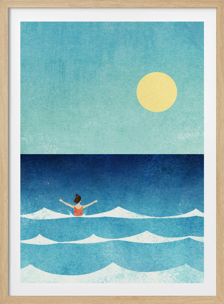A minimalist illustration of a woman with her hair in a bun, wearing an orange swimsuit, swimming in a deep blue ocean with stylized white-capped waves. A large yellow sun hangs in the textured light blue sky above the horizon. Poster