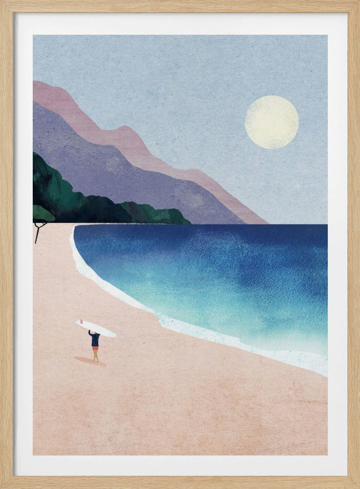 A minimalist illustration of a lone surfer standing on a vast pink sand beach, holding a surfboard above their head. The turquoise and blue ocean waves gently roll onto the shore, with layered purple and pink mountains in the background under a pale yellow sun and a light blue sky. Wall Art