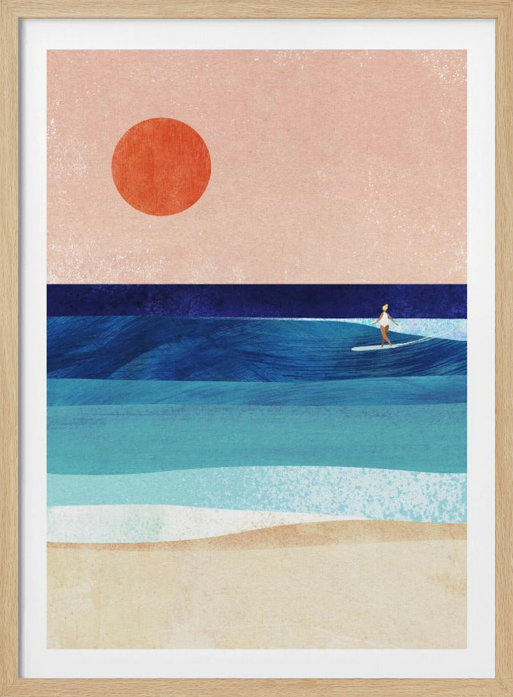 A minimalist art print of a lone surfer riding a stylized blue wave under a large orange sun and a pale pink sky. The foreground shows a sandy beach, and the entire piece is composed of color blocks with a textured finish. Wall Art
