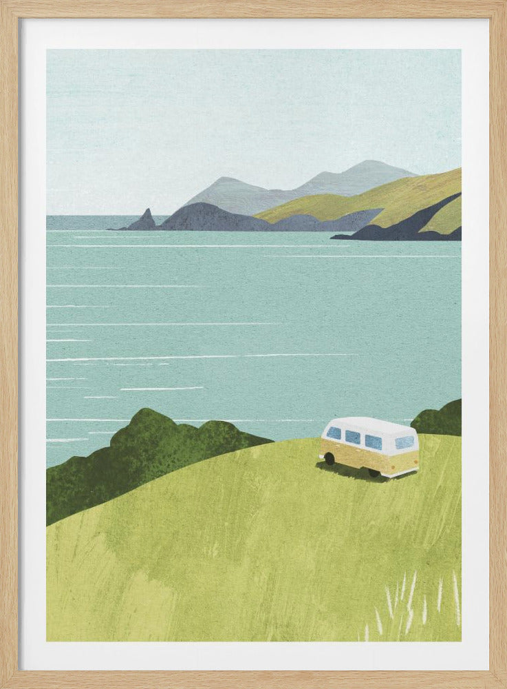 A minimalist illustration of a yellow and white camper van parked on a grassy green hill overlooking a calm turquoise sea. In the distance, rolling green and grey mountains rise against a pale sky, creating a serene coastal landscape. Wall Art