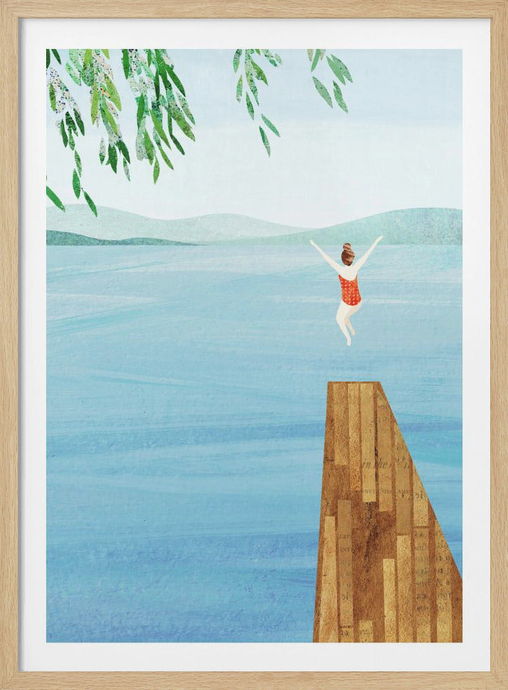 An illustration of a woman in a red swimsuit joyfully jumping off a wooden platform into a large blue lake, with green tree branches overhead and soft hills in the distance, all within a black frame. Wall Art