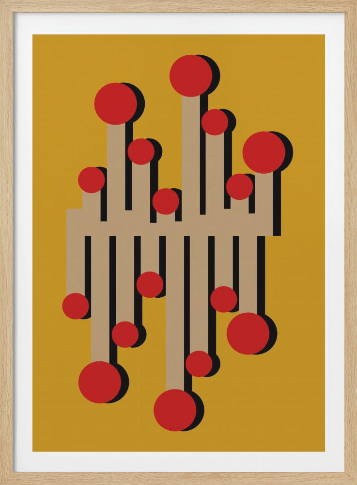 A framed modern abstract artwork with a mustard yellow background. The central design features vertical beige bars of varying heights, adorned with bright red circles at their ends. Stark black drop shadows give the geometric shapes a three-dimensional quality. Print