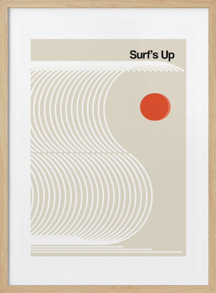 A minimalist graphic art print featuring a stylized ocean wave made of white concentric lines against a beige background. A solid orange-red circle representing the sun sits to the right of the wave's crest. The words 'Surf's Up' are printed in the top right corner. The artwork is displayed in a thin black frame. Wall Art
