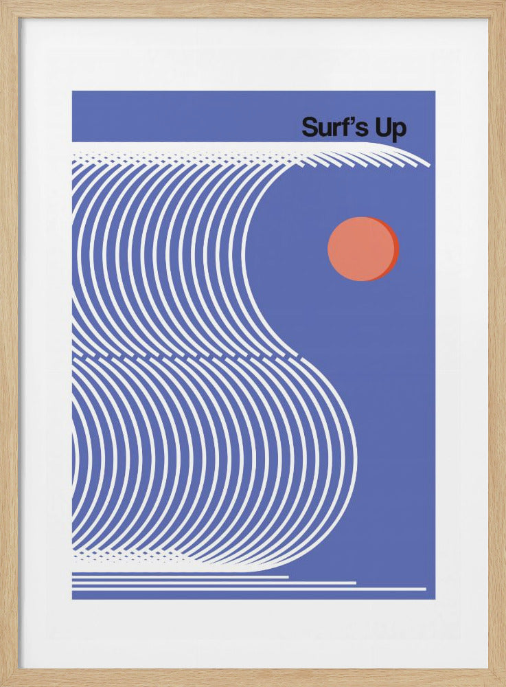 A minimalist graphic poster titled 'Surf's Up' featuring a large, stylized ocean wave composed of repeating white curved lines against a solid periwinkle blue background. A solid orange circle represents the sun to the right of the wave's crest. The artwork is enclosed in a black frame with a white mat. Artwork