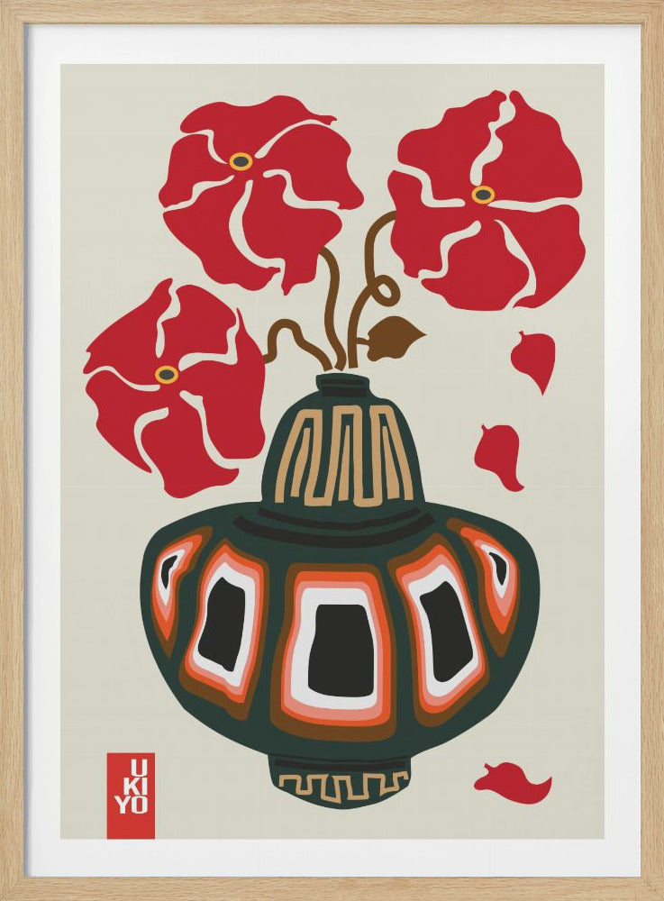 A stylized art print in a Japanese Ukiyo-e style featuring three large, bold red flowers in a decorative dark green vase. The vase is adorned with geometric patterns in orange, white, and black. The background is a solid off-white, with a few red petals scattered around the vase. Wall Art
