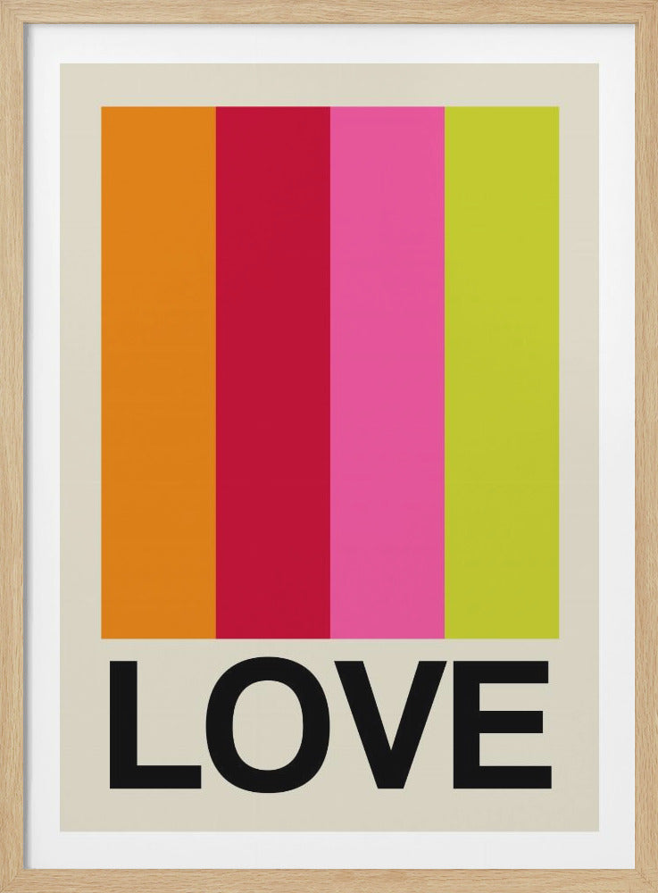 A modern art print with a cream background featuring four vertical stripes in orange, magenta, pink, and lime green. Below the stripes, the word 'LOVE' is printed in a large, bold, black, sans-serif font. The artwork is presented in a simple black frame. Decor