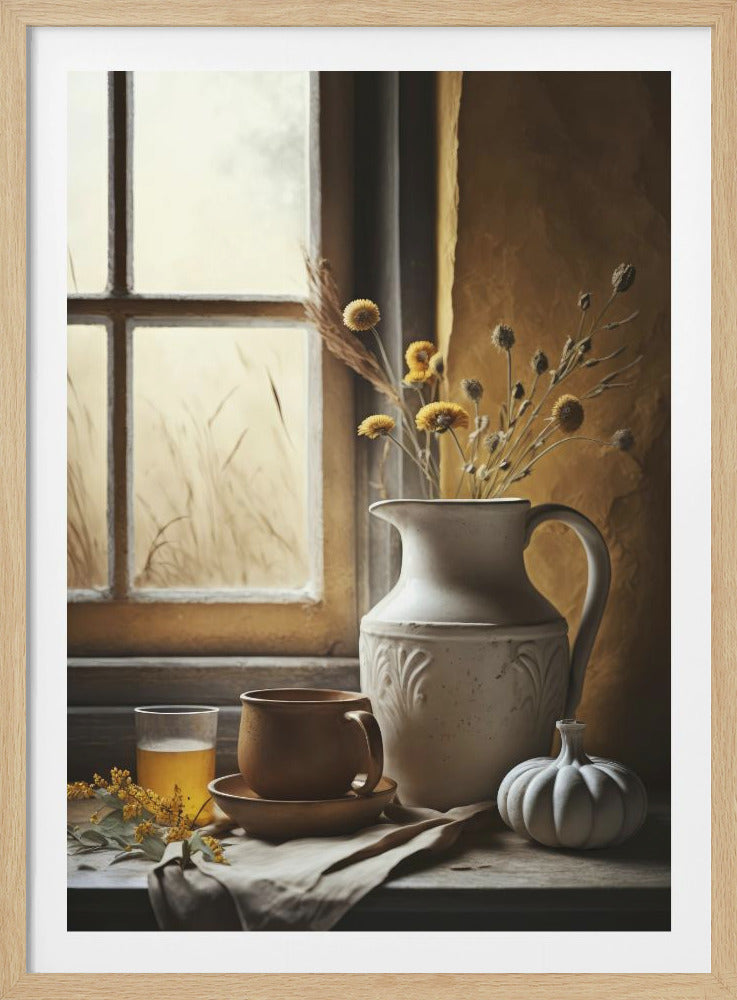 A rustic still life composition on a wooden surface in front of a window. A white ceramic pitcher holds dried yellow flowers, next to a brown ceramic mug, a glass of amber liquid, and a small white decorative gourd. The scene is bathed in warm, soft light. Poster