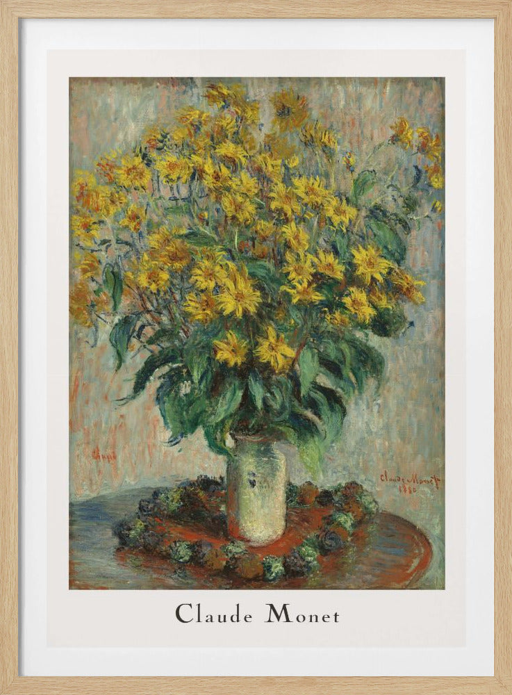 A framed poster of Claude Monet's impressionist painting 'Jerusalem Artichoke Flowers' from 1880. The artwork features a large, overflowing bouquet of bright yellow flowers in a light-colored vase, set upon a reddish-brown table. Artwork