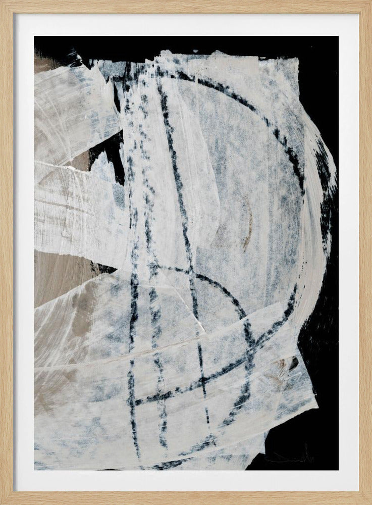 A framed abstract artwork with a solid black background. The central focus is a collage of textured white and off-white shapes with torn edges, overlaid with bold, gestural black lines and arcs, creating a dynamic and raw composition. Wall Art