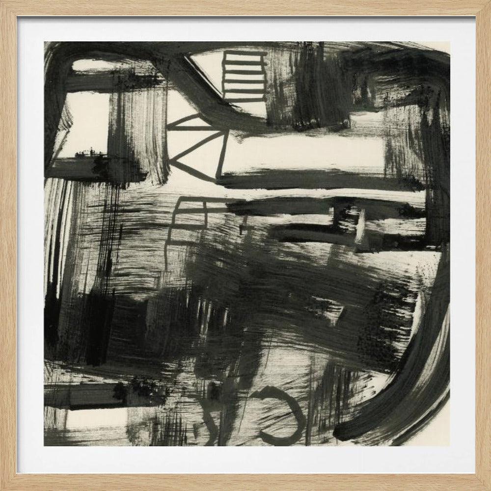 A framed abstract painting featuring dynamic, bold black brushstrokes on an off-white background. The composition includes a mix of thick, sweeping lines, dry brush textures, and some loosely defined geometric shapes like ladders and triangles. The entire piece is enclosed in a simple, light-colored wood frame. Wall Art