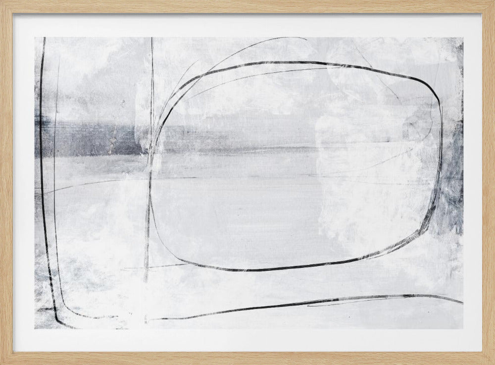 A minimalist abstract painting in a silver frame, featuring a textured background of white and light gray with a few expressive, thin black lines forming a large, imperfect oval in the center. Artwork