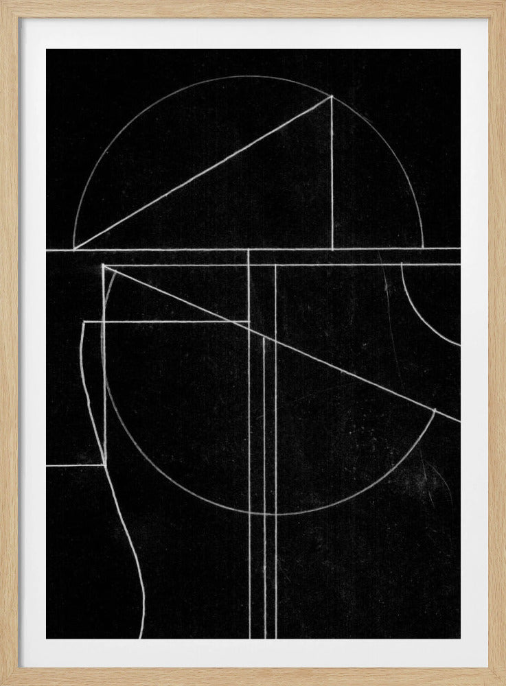 A black and white abstract artwork featuring thin white lines on a textured black background, creating a composition of various geometric shapes like arcs, triangles, and intersecting lines, resembling a technical or architectural drawing. Artwork