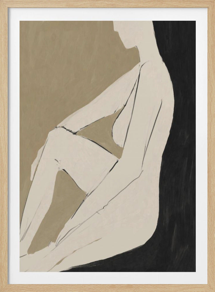 A modern, minimalist painting of a seated nude woman in profile. Her form is created with broad strokes of off-white paint and defined by thin black lines, set against a two-toned background of muted beige and black. Wall Art