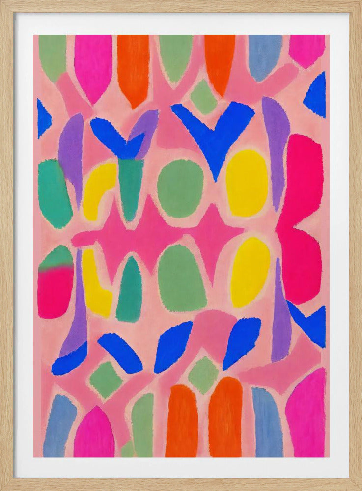 A vibrant abstract painting in a black frame, featuring a dense pattern of colorful, organic shapes in magenta, blue, yellow, orange, and green against a soft pink background. Artwork