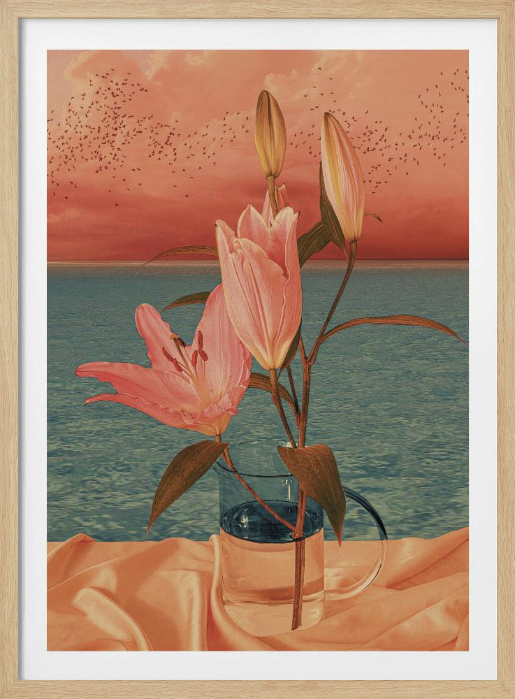 A surrealist artwork depicting pink lilies in a clear glass pitcher set against a backdrop of a calm blue ocean and a dusky pink sunset sky filled with a flock of birds. Artwork