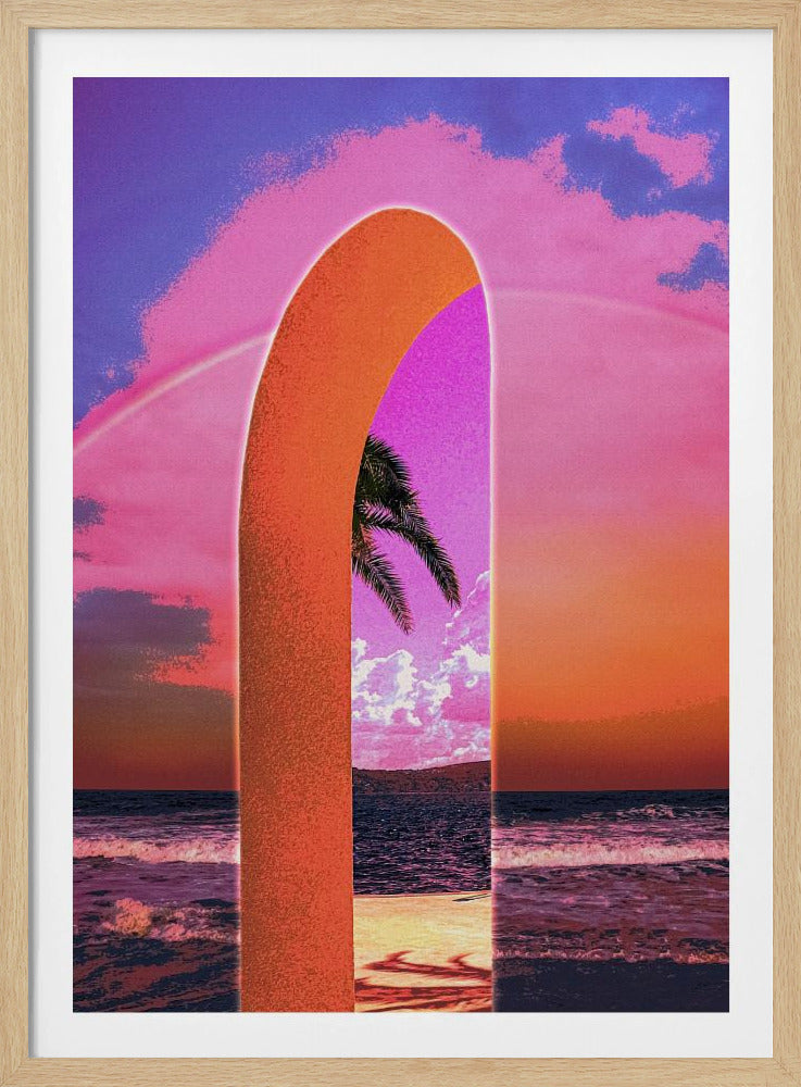 A surreal digital artwork featuring a large, textured orange archway framing a view of a tropical beach. Through the arch, a palm tree stands against a vibrant magenta sky. The surrounding scene depicts a dramatic sunset over the ocean with a sky filled with shades of pink, purple, and orange, and a faint rainbow arching above. Artwork