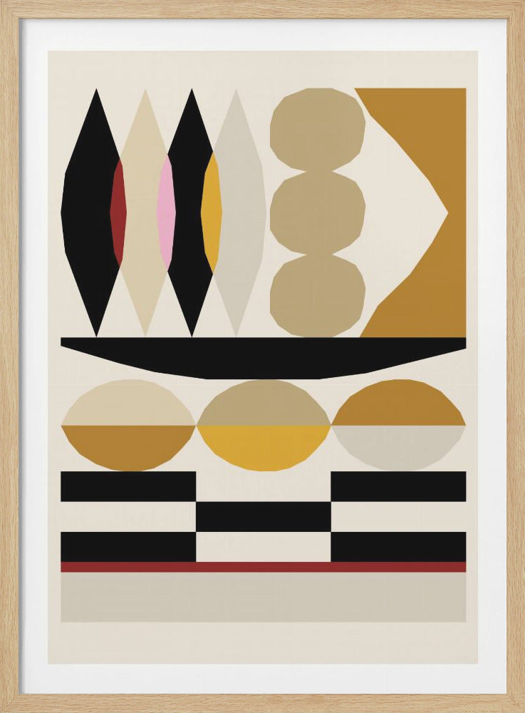 A framed abstract artwork featuring a vertical composition of geometric and organic shapes in black, ochre, tan, cream, and yellow, with small accents of red and pink. The design is organized into horizontal bands of patterns, including diamond shapes, circles, and bars, against a light cream background. Poster