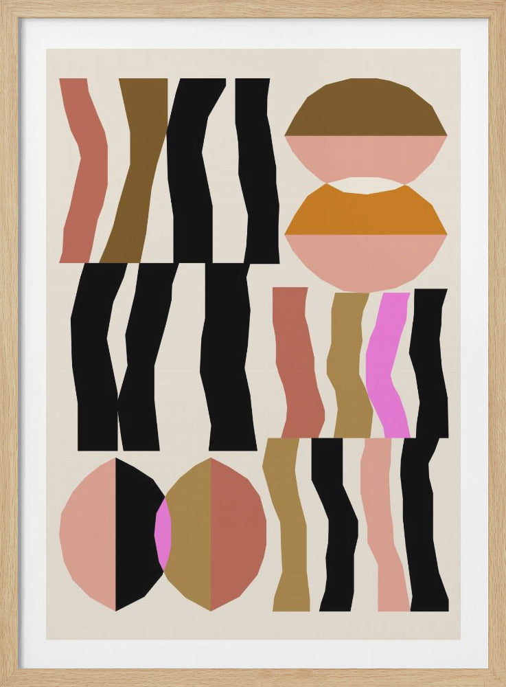 A modern abstract art print in a black frame, featuring a collage of geometric and organic shapes against a cream background. The composition includes vertical wavy stripes and circles in a palette of black, brown, terracotta, and pink. Poster