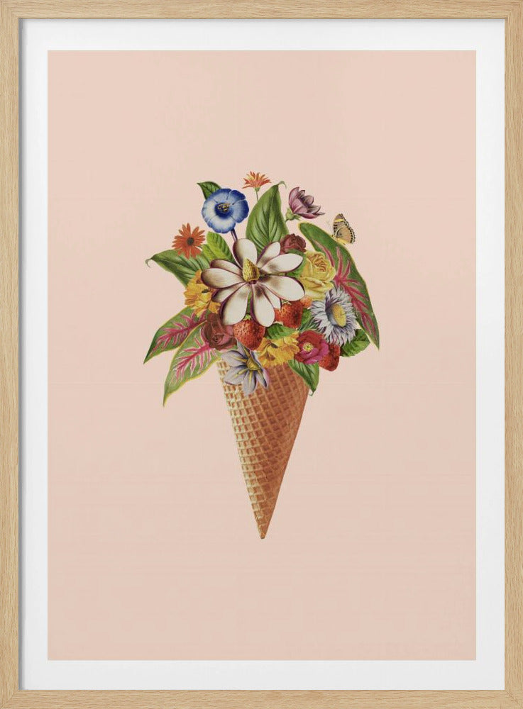 A vintage-style collage of a waffle ice cream cone holding a vibrant bouquet of various colorful flowers, green leaves, and strawberries. A small butterfly sits on a leaf. The background is a solid pale pink, and the artwork is enclosed in a black frame. Artwork