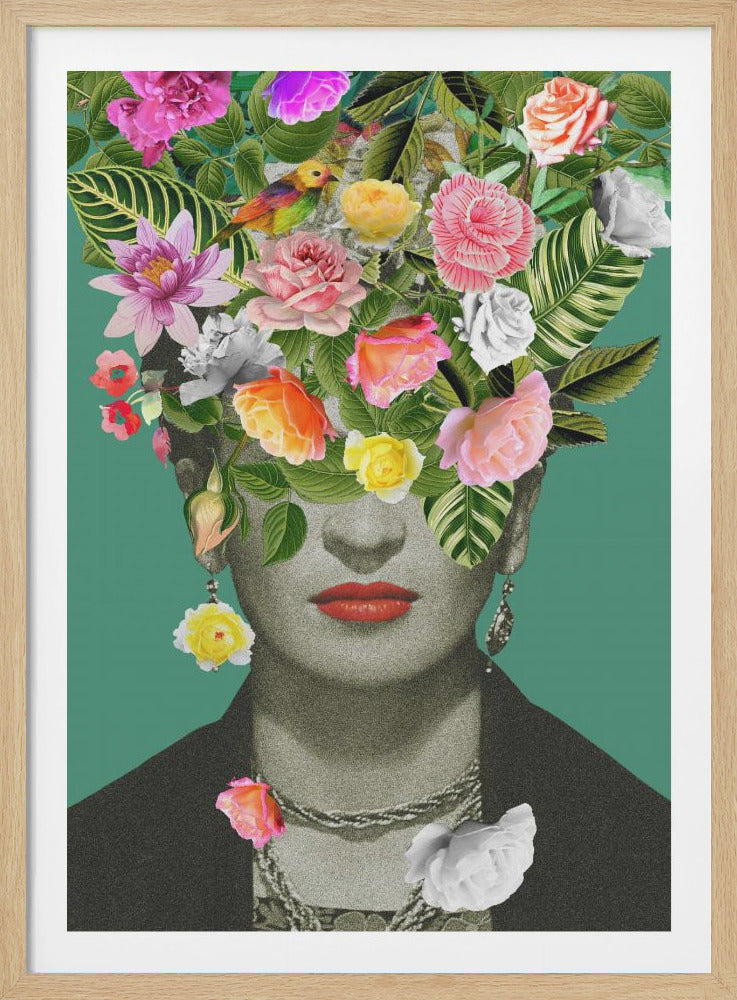 A surrealist collage featuring a grayscale portrait of a woman with red lips. Her hair is replaced by a large, vibrant arrangement of colorful flowers, green leaves, and a small bird, set against a solid teal background. Decor