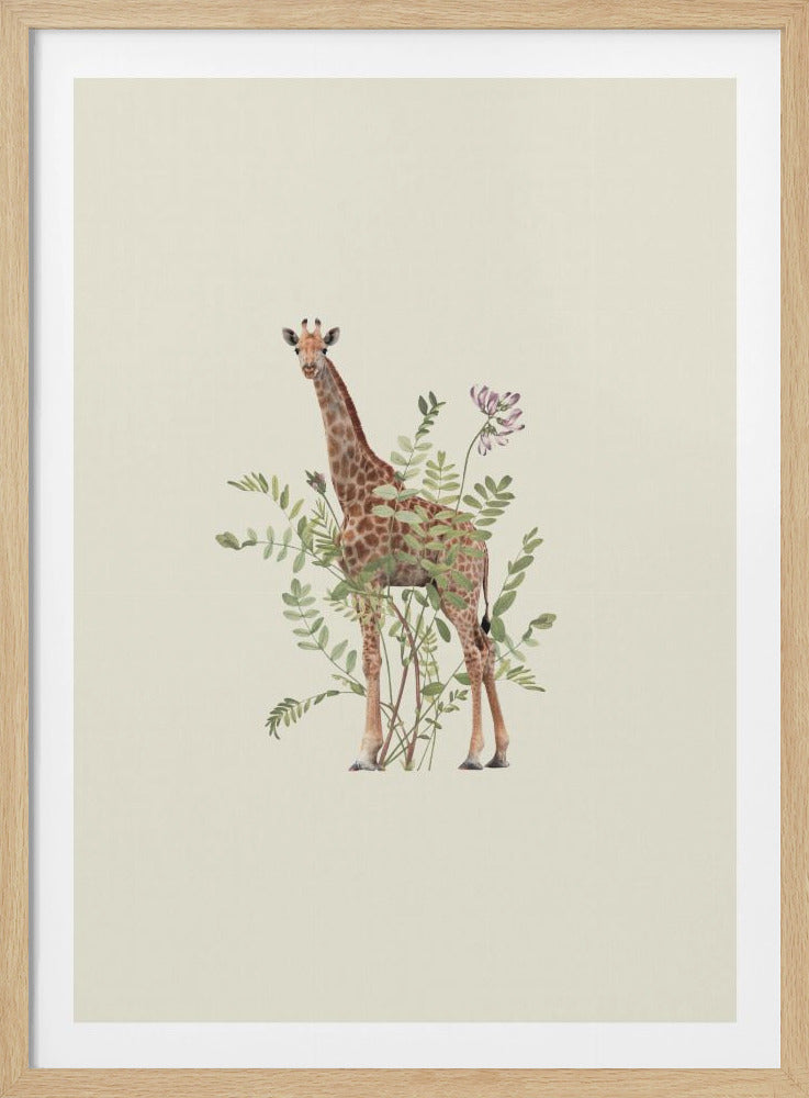 A framed illustration of a giraffe standing among green leafy plants and a purple flower, set against a solid beige background. The giraffe is looking directly at the viewer. Print