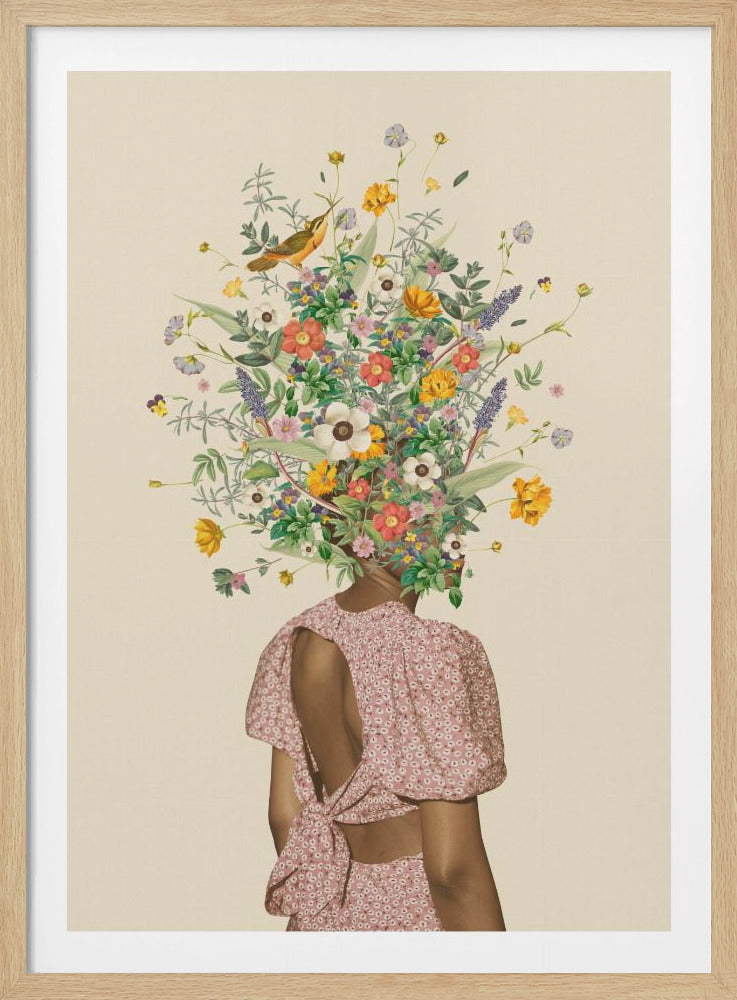 A surrealist collage of a woman seen from behind, wearing a pink dress with an open back. Instead of a head, she has a large, vibrant bouquet of various wildflowers and a small bird perched within the blossoms, all set against a solid beige background and enclosed in a black frame. Poster