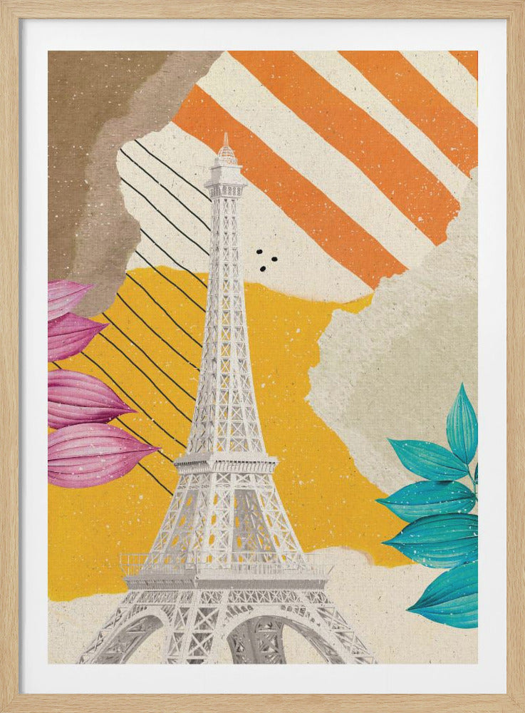 A modern collage artwork featuring a detailed white illustration of the Eiffel Tower set against a backdrop of layered, textured paper in mustard yellow, beige, and brown. The composition includes bold orange and white diagonal stripes, delicate pink and teal leaves, and thin black diagonal lines, creating a vibrant and eclectic tribute to Paris. Decor