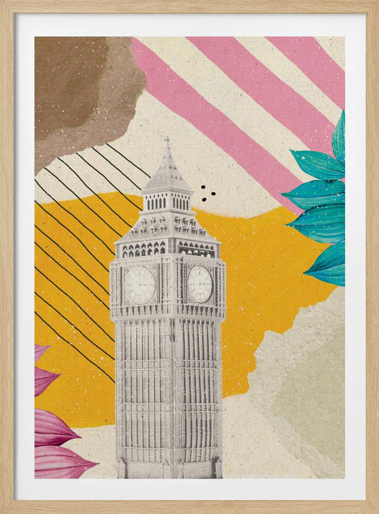 A modern art collage featuring a black and white cutout of London's Big Ben clock tower. The background is a mix of textures and patterns, including a mustard yellow section with black lines, pink and white diagonal stripes, and torn paper effects in brown and off-white. The composition is embellished with vibrant teal and pink leaves. Poster