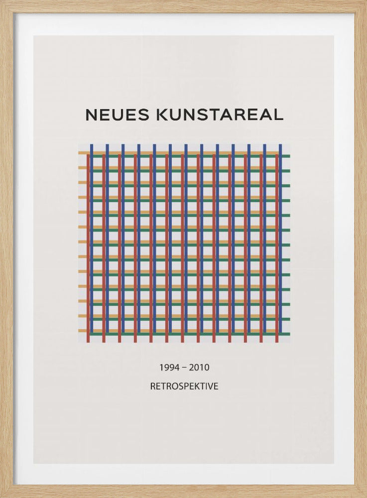 A minimalist art poster in a black frame, featuring a colorful geometric grid of intersecting blue, red, green, and yellow lines on a cream background. Text above the grid reads 'NEUES KUNSTAREAL' and below it reads '1994 - 2010 RETROSPEKTIVE'. Wall Art