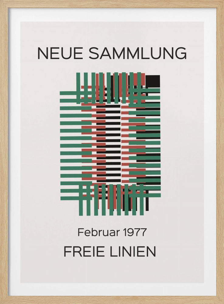 A vintage German exhibition poster from 1977 titled 'NEUE SAMMLUNG' and 'FREIE LINIEN'. The poster features a central abstract geometric design of interwoven green, red, and black lines against an off-white background, all enclosed in a thin black frame. Print