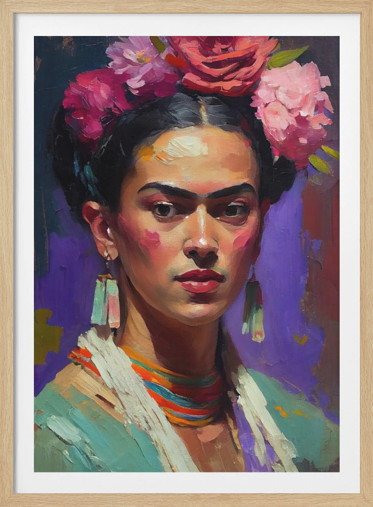 An expressive, colorful oil painting portrait of artist Frida Kahlo with a thick, impasto texture. She stares directly forward, her dark hair adorned with large pink and red flowers. She wears colorful earrings and traditional attire against a vibrant purple background. Wall Art