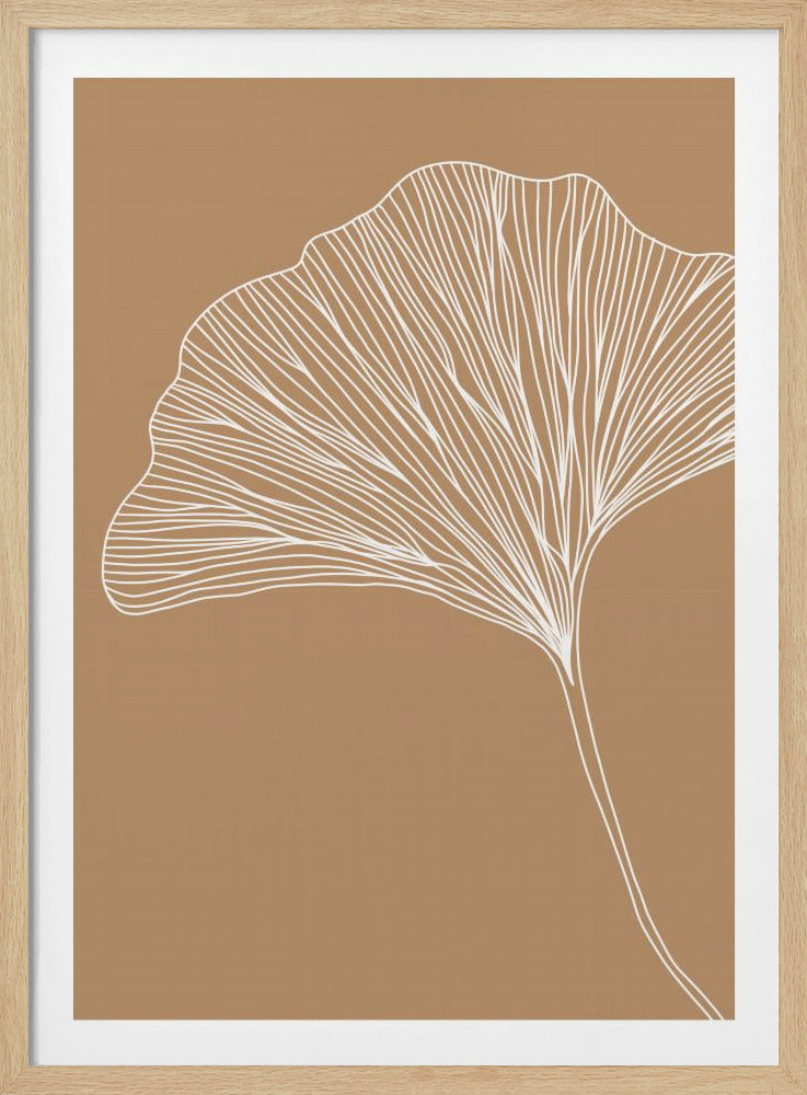 A minimalist line drawing of a white ginkgo leaf with detailed veins on a solid camel brown background, presented in a thin black frame. Artwork