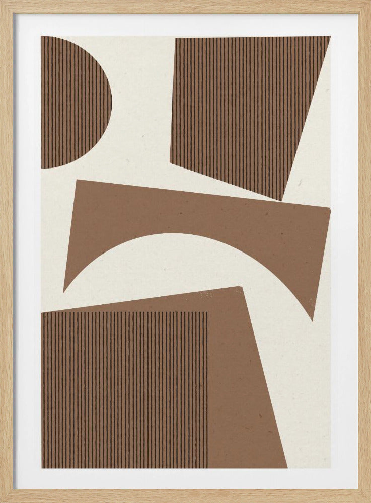An abstract art piece in a black frame featuring a collage of brown geometric shapes on a cream background. Some shapes are solid brown, with one having a large arch cutout, while others are filled with thin vertical black lines, creating a modern, minimalist composition. Artwork