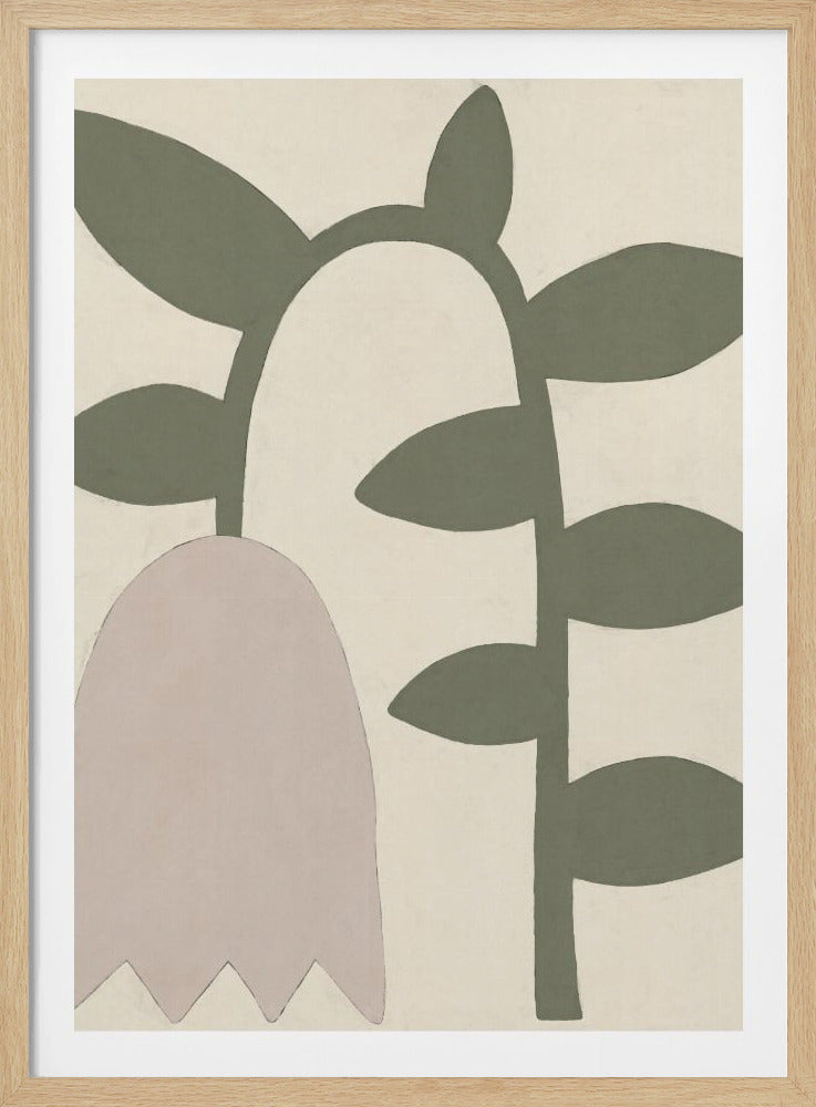 A minimalist abstract artwork of a flower featuring a sage green stem and leaves against a cream background. A large, pale pink, bell-shaped flower with a jagged bottom hangs downwards. Wall Art