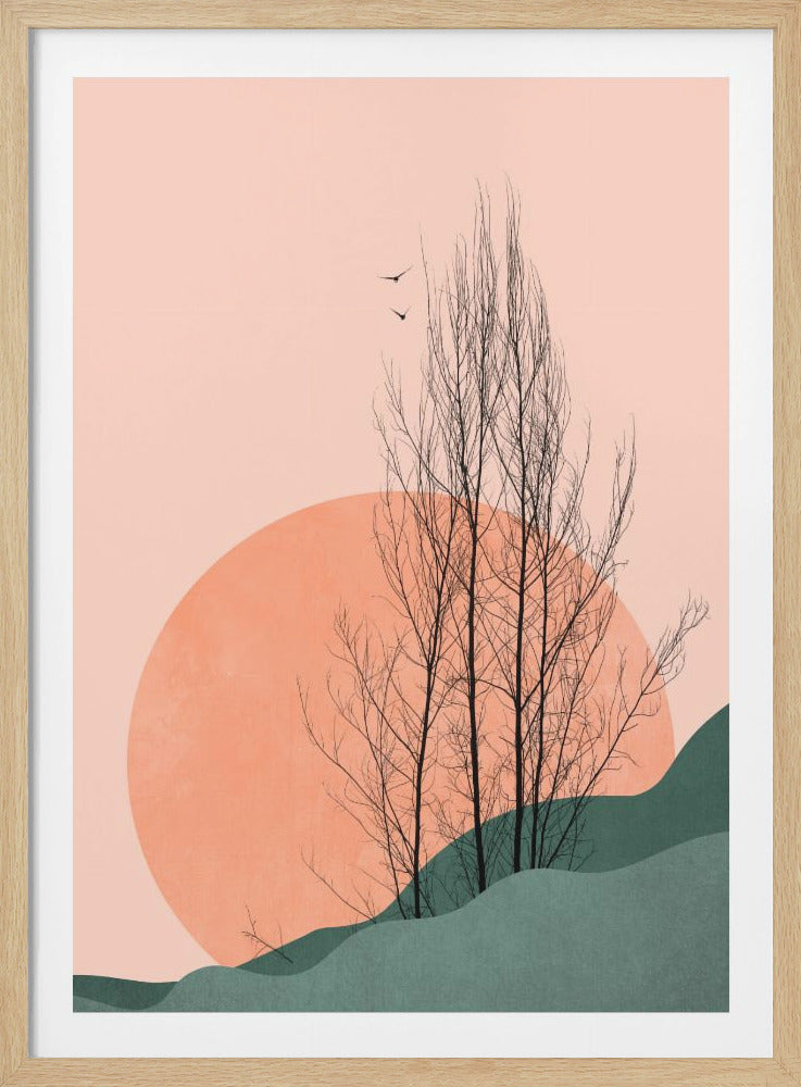 A minimalist illustration of a tranquil landscape featuring a large orange sun behind silhouetted bare trees on rolling teal-green hills, all against a pale pink sky with two birds flying. Poster