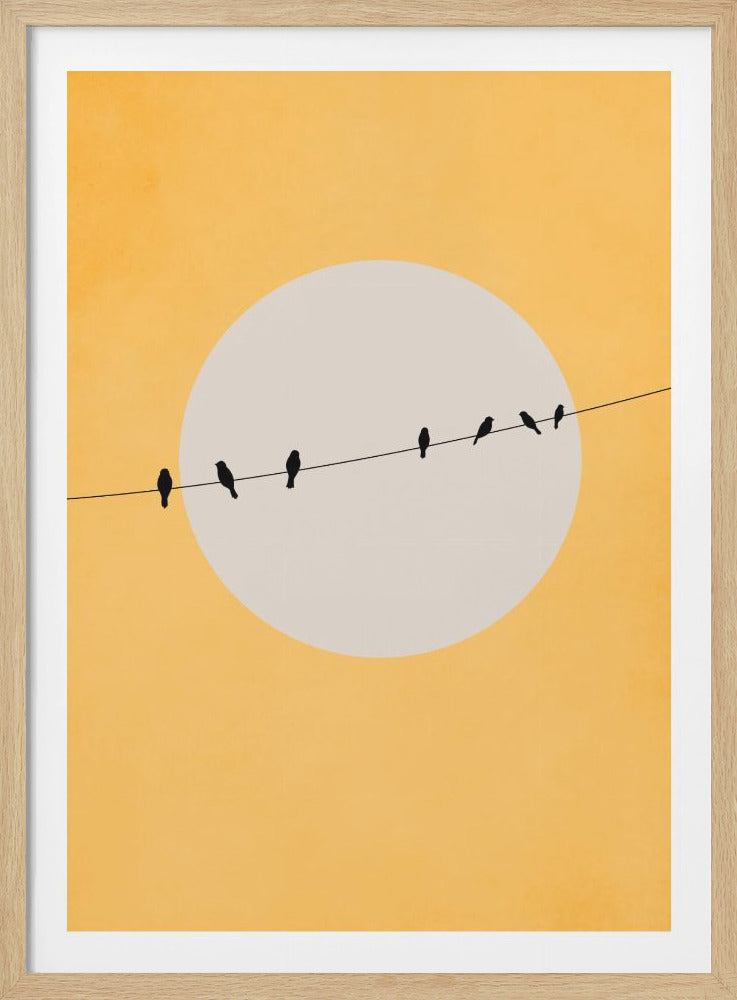 A minimalist illustration featuring the black silhouettes of seven small birds perched on a thin wire. The wire stretches across a large, off-white circle, representing the sun or moon, which is centered against a textured warm yellow background. The artwork is presented in a simple black frame. Poster