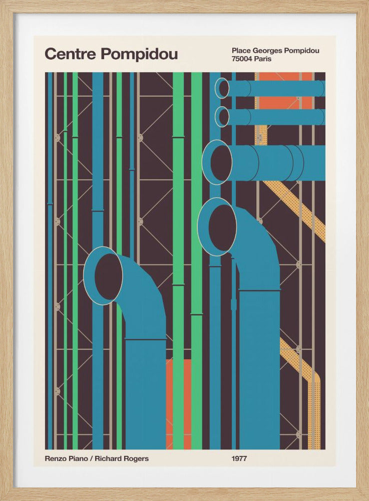 A minimalist graphic poster of the Centre Pompidou in Paris, featuring a stylized depiction of its famous exterior pipes in shades of blue, green, and orange against a dark brown background. The poster is framed in black and includes text identifying the building, its location, the architects Renzo Piano and Richard Rogers, and the year 1977. Artwork