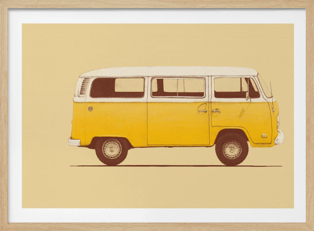 A vintage-style, framed illustration of a classic yellow and white camper van in side profile against a solid pale yellow background. The artwork has a retro, printed texture. Decor