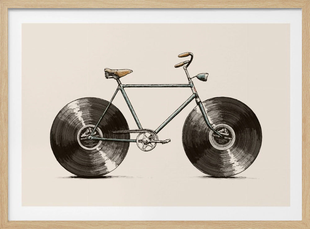 A surreal vintage-style illustration of a bicycle where the wheels have been replaced by two large, black vinyl records. The bike has a muted blue-green frame and a brown leather seat, all set against a cream-colored background and enclosed in a silver frame. Decor