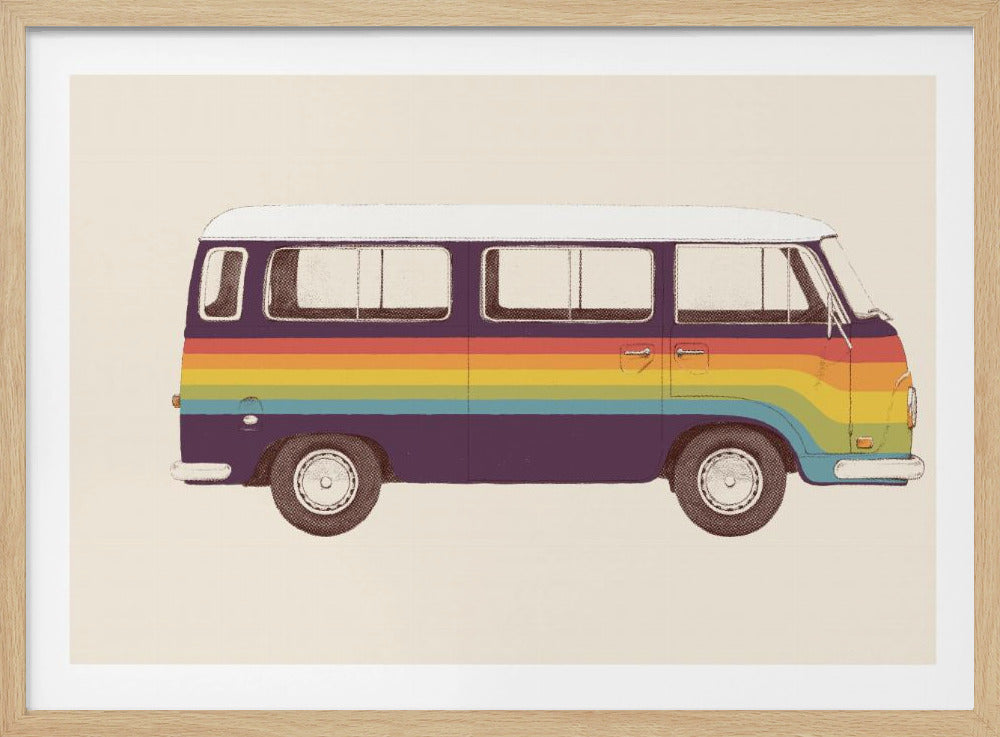 A retro-style illustration of a vintage camper van in profile, set against a cream-colored background. The van features a white roof and a body decorated with horizontal rainbow stripes above a dark purple base. The entire image is enclosed in a simple silver frame. Artwork