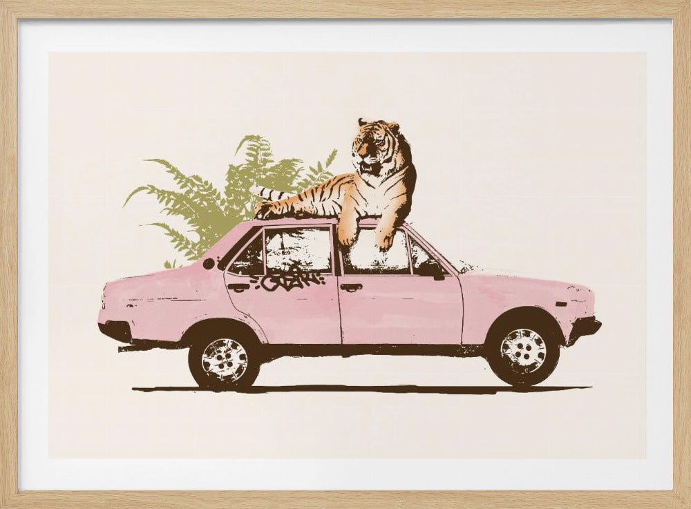 A graphic illustration of a large tiger relaxing on the roof of a pink sedan against a cream background. Green ferns are visible behind the car, which has black graffiti on its side. Poster