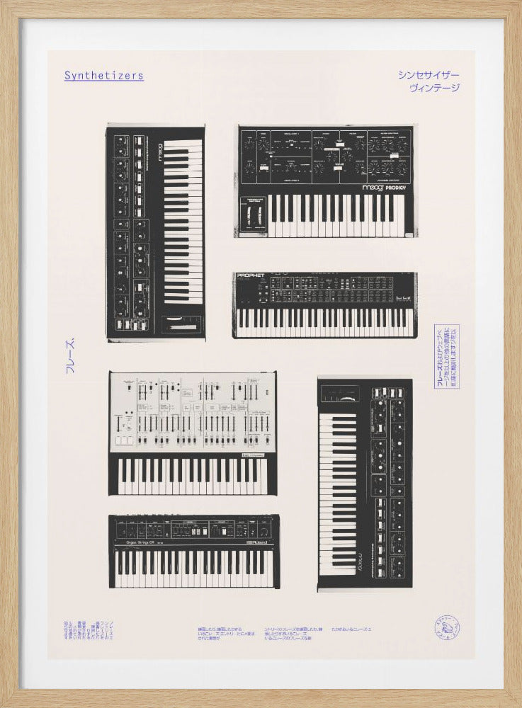 A vintage-style poster in a black frame, featuring black and white illustrations of six different classic synthesizers against a light cream background. The poster includes text in both English and Japanese, with 'Synthesizers' written in blue at the top left. Poster