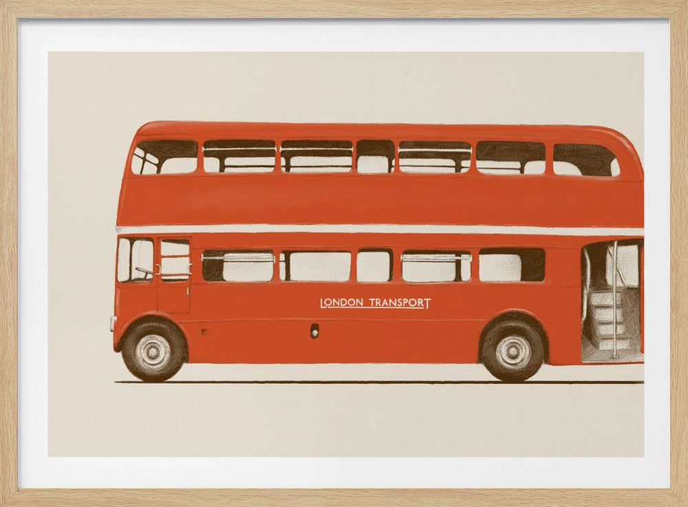 A vintage-style screenprint illustration of a red London double-decker bus viewed from the side. The bus is against a solid cream background and has 'LONDON TRANSPORT' written on its side. The artwork is framed in a silver frame. Print