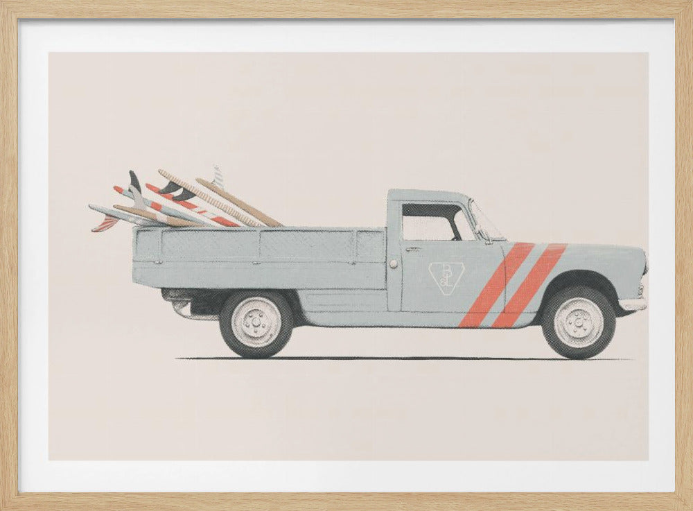 A framed illustration of a vintage light blue pickup truck in profile, with its bed loaded with colorful surfboards. The truck features two bold, diagonal orange-red stripes on its front fender and is set against a plain, off-white background. Wall Art