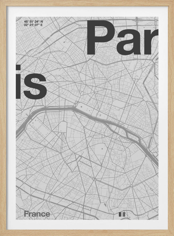 A minimalist, grayscale city map of Paris, France, in a black frame. The word 'Paris' is written in large, dark gray letters over the light gray map, which details the city's streets and the Seine River. The geographic coordinates are noted in the top left corner. Wall Art